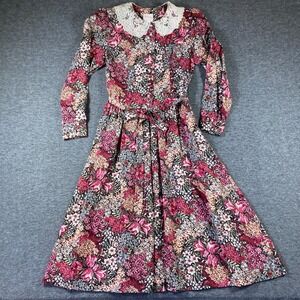 Vintage Petite Lanz Button Front Dress Womens 8 Floral Lace Collar w/belt